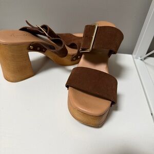 Avellini Sandals Sz 37 6.5 Caramel Brown Leather Slip-On Block Wooden Heel Shoes